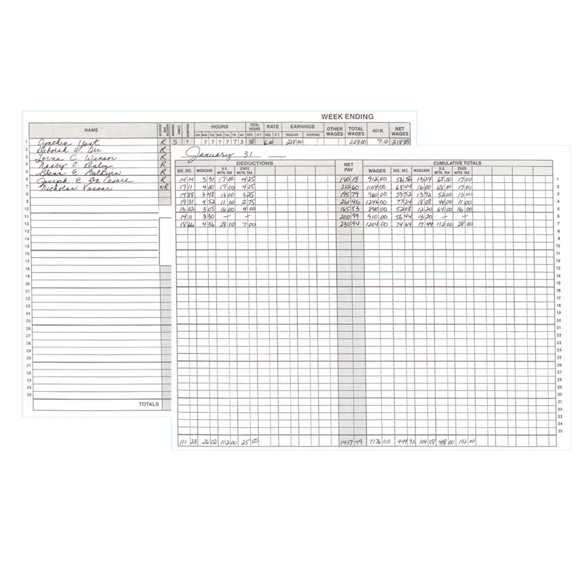 Two overlapping Dome Expanded Payroll Books are shown. The front book displays columns for dates, hours, earnings, and employee names. The back book reveals a detailed work record with dates and various payroll data columns.