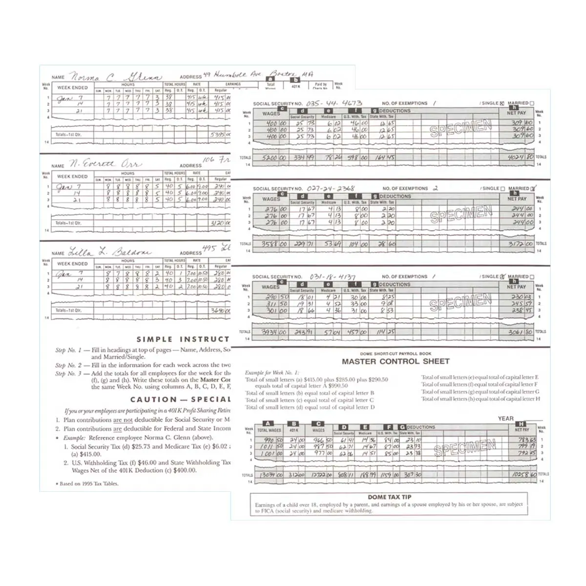 A scanned image of several filled-out payroll or tax forms with handwritten entries and printed instructions, featuring a Dome Short-Cut Payroll Book master control sheet at the bottom.