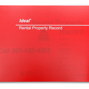 A red, spiral-bound Ideal Rental Property Record book with the title printed in white on the cover.