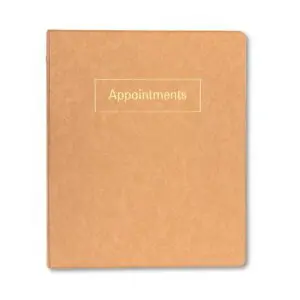 The Ideal Daily Weekly Appointment Book in tan features "Appointments" printed in yellow on the cover. The closed folder, resembling a weekly planner, is shown on a white background.