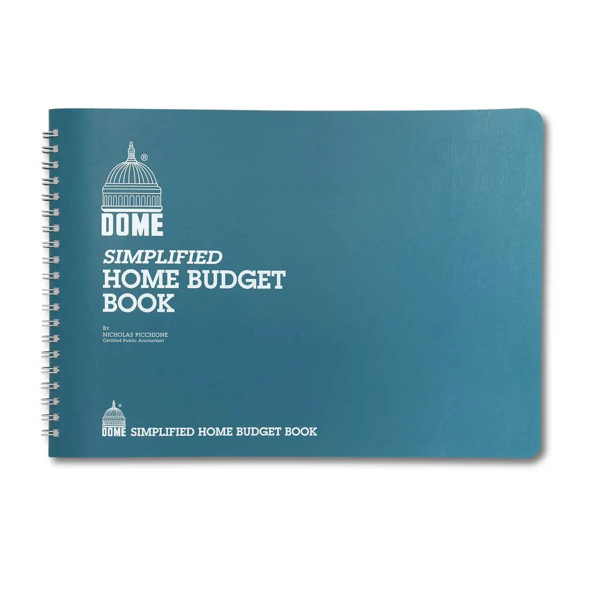 A blue spiral-bound Dome Home Budget Book with white text and a dome illustration on the cover—ideal for home budget planning.