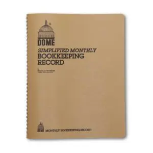 A tan, spiral-bound Dome Monthly Bookkeeping Record features a black dome logo and cover text by Nicholas Picchione.
