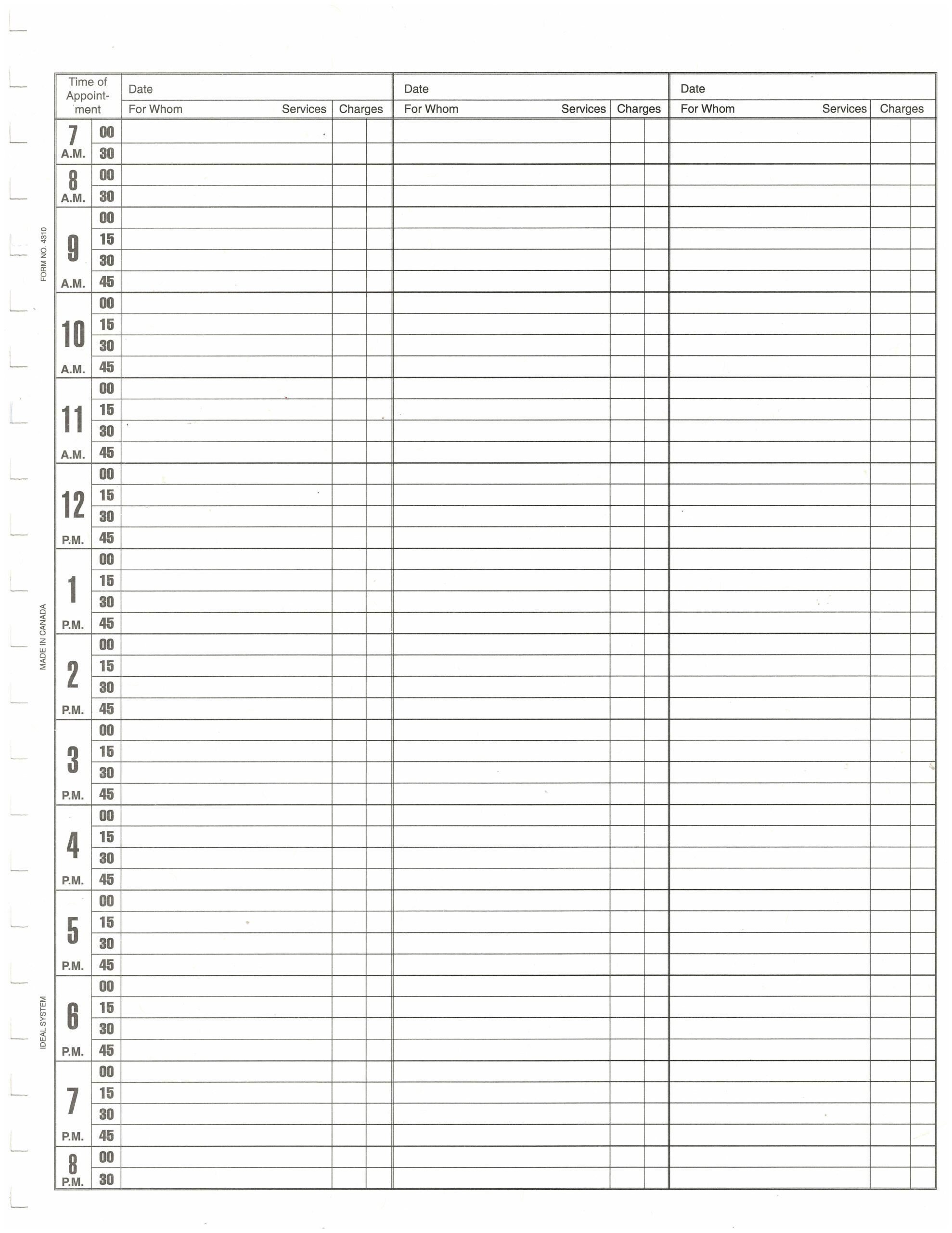 The Ideal Daily Weekly Appointment Book - Tan features blank daily log sheets with hourly slots from 7:00 AM to 6:45 PM, divided into 15-minute intervals, plus columns for date, time, client name, services, and charges.
