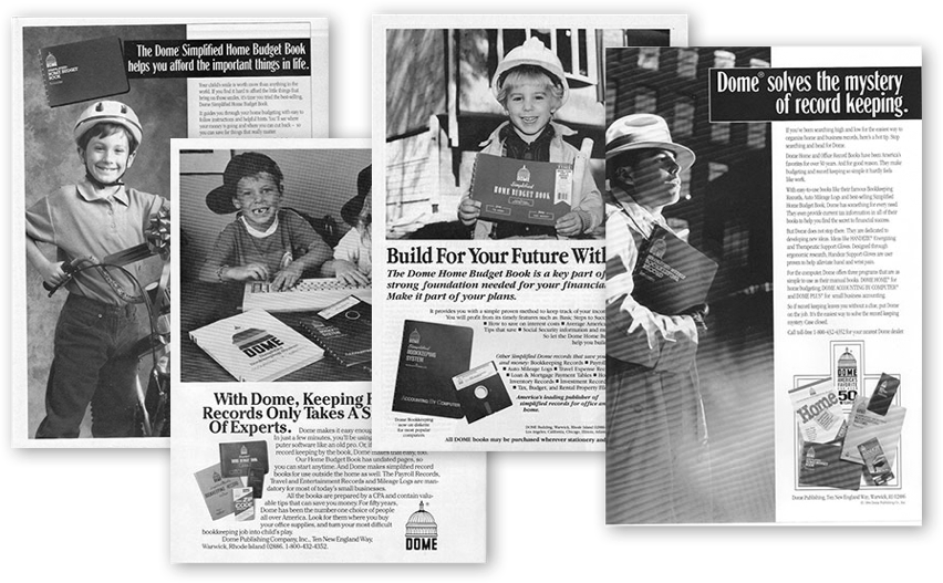 A collage of black-and-white magazine ads for Dome budget books, featuring smiling children with bikes and books, product images, and text promoting home budgeting and record-keeping solutions.