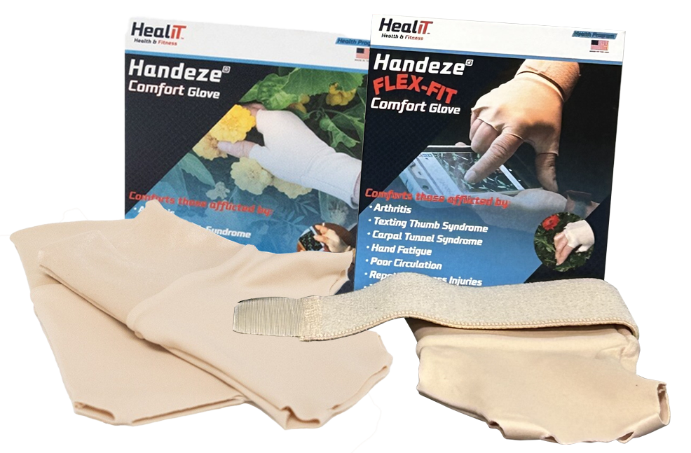 Two pairs of beige therapeutic gloves are displayed in front of two boxes labeled Handeze FLEX-FIT Comfort Glove, designed to relieve arthritis and hand fatigue. One glove features an adjustable strap.