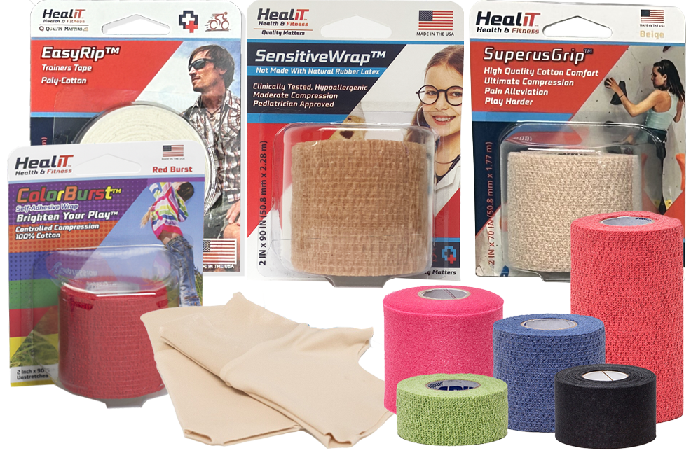 A variety of Heal IT sports tapes and wraps in different colors and packaging, including trainer’s tape, sensitive wrap, cohesive bandages, and beige finger sleeves, arranged together on a white background.